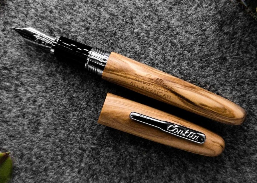 Fountain Pens * | Conklin All American Limited Edition Olive Wood Fountain Pen, Chrome Trim