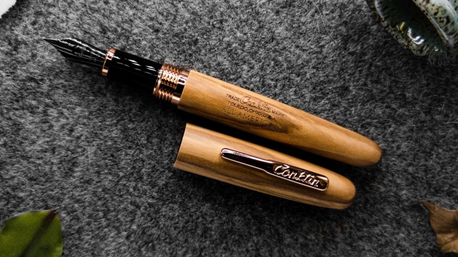 Fountain Pens * | Conklin All American Limited Edition Olive Wood Fountain Pen, Rose Gold Trim