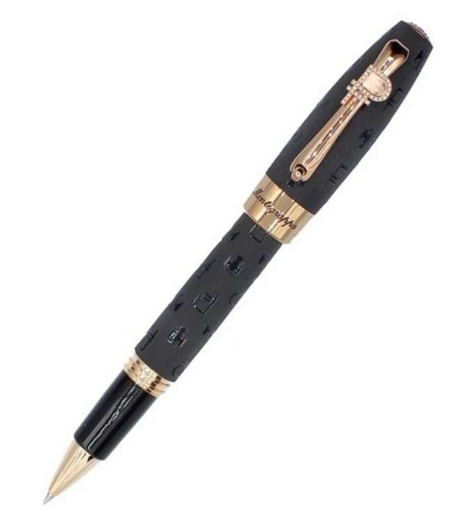 Rollerball Pens * | Montegrappa Fortuna Ruble Rollerball Pen, Black & Gold, Swarovski Crystals